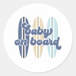 Pegatina Redonda Baby on Board Surfboard Beach Baby Shower Classic