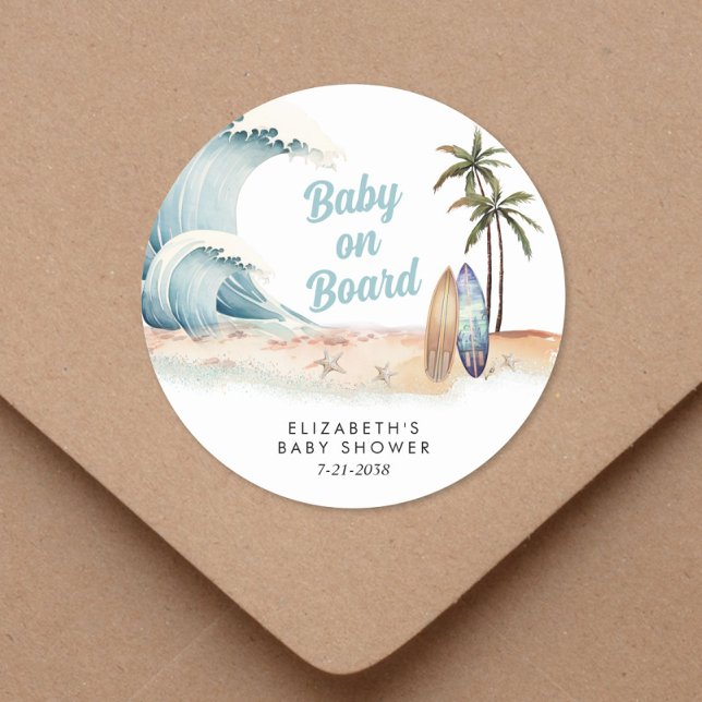 Pegatina Redonda Baby On Board Surfing Beach Baby Shower (Subido por el creador)