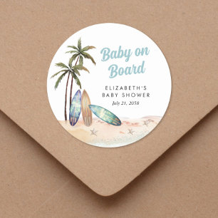 Pegatina Redonda Baby On Board Surfing Beach Baby Shower