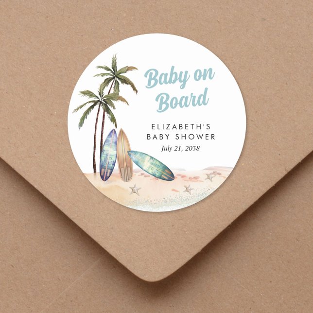 Pegatina Redonda Baby On Board Surfing Beach Baby Shower (Subido por el creador)