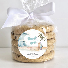 Pegatina Redonda Baby On Board Surfing Beach Baby Shower Gracias