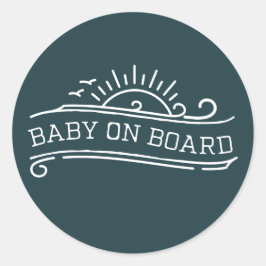 Pegatina Redonda Baby On Board Surfing Slate Blue Baby Shower
