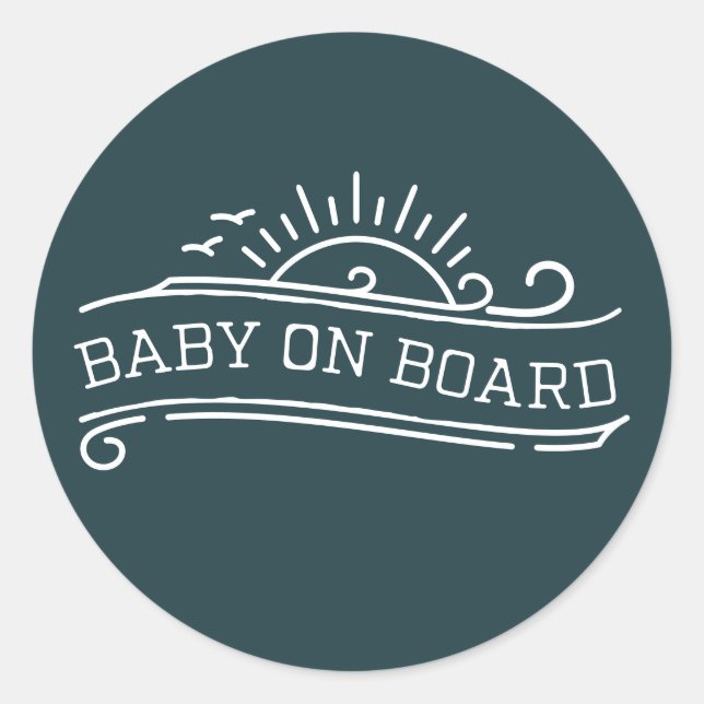 Pegatina Redonda Baby On Board Surfing Slate Blue Baby Shower (Anverso)