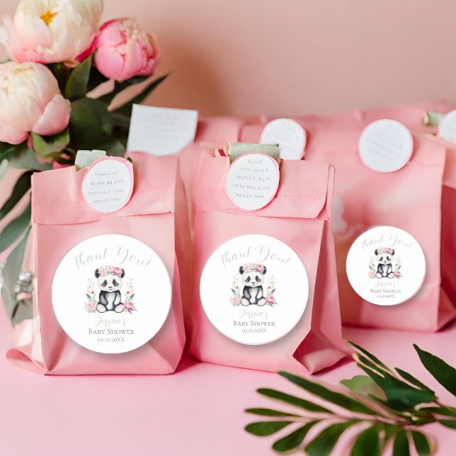 Pegatina Redonda Baby Panda Peonies Jungle Baby Shower Gracias (Express gratitude with Baby Panda & Boho Peony Jungle Stickers!)