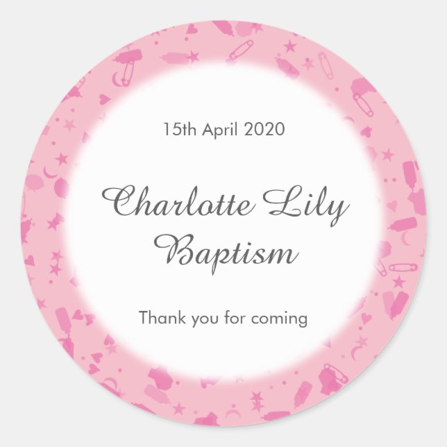 Pegatina Redonda Baby Pink Confetti Baptism Christening Favor (Anverso)