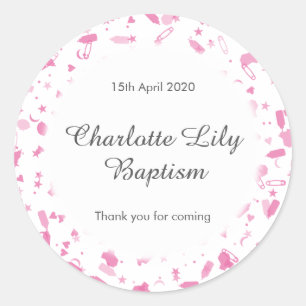 Pegatina Redonda Baby Pink Confetti Baptism Christening Favor