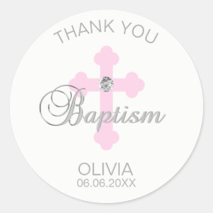 Pegatina Redonda Baby Pink Cross Baptism Chica Gracias
