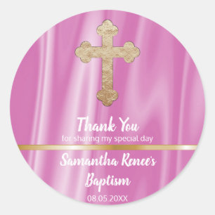 Pegatina Redonda Baby Pink Cross Baptism Favor   Chica Gracias