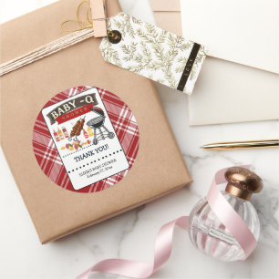 Pegatina Redonda Baby-Q Checkered Red & Black Grill Baby Shower