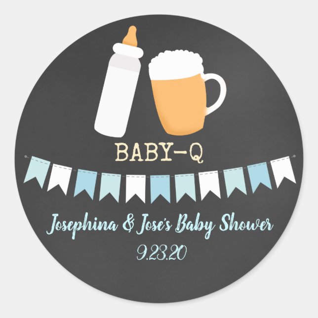 Pegatina Redonda Baby-Q Couples Beer Baby Shower Favor (Anverso)