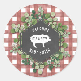 Pegatina Redonda Baby q Gingham Botangham Pig Baby Shower