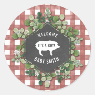 Pegatina Redonda Baby q Gingham Botangham Pig Baby Shower