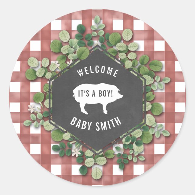Pegatina Redonda Baby q Gingham Botangham Pig Baby Shower (Anverso)