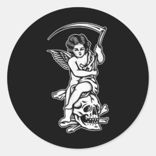 Pegatina Redonda Baby Reaper Skull Scythe Blackwork Tattoo Flash