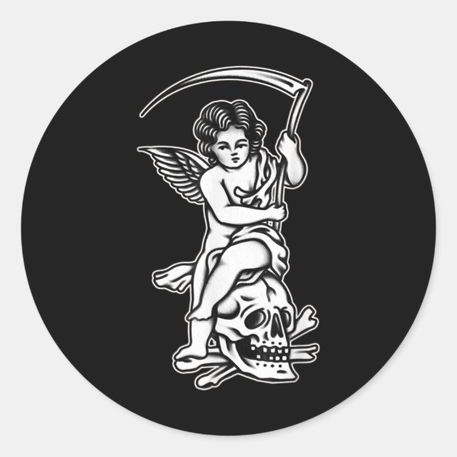 Pegatina Redonda Baby Reaper Skull Scythe Blackwork Tattoo Flash (Anverso)