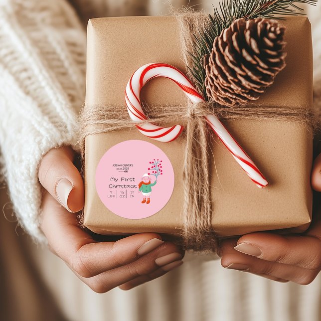 Pegatina Redonda Baby’s First Christmas - Cute Lamb art on pink (Subido por el creador)