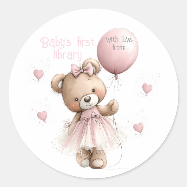 Pegatina Redonda Baby’s First Library Sticker | Pink Teddy Bear (Anverso)