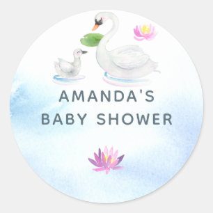 Pegatina Redonda Baby Shower Acuarela de Cisnes