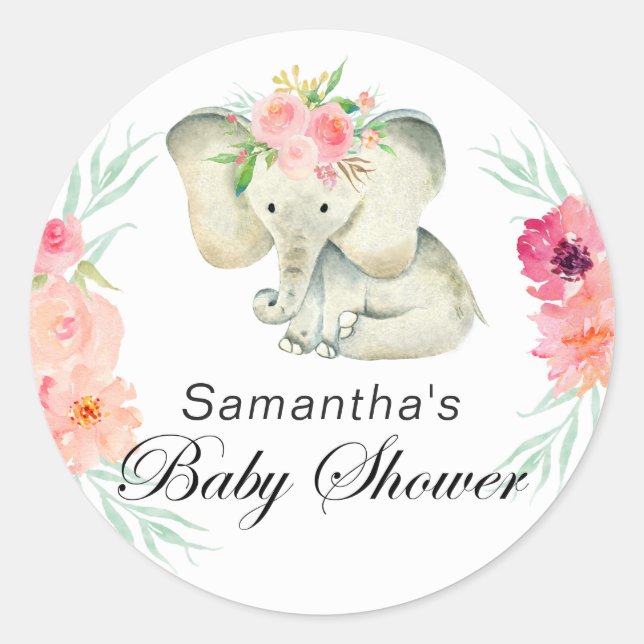 Pegatina Redonda Baby Shower Adorable Elephant para Chica (Anverso)