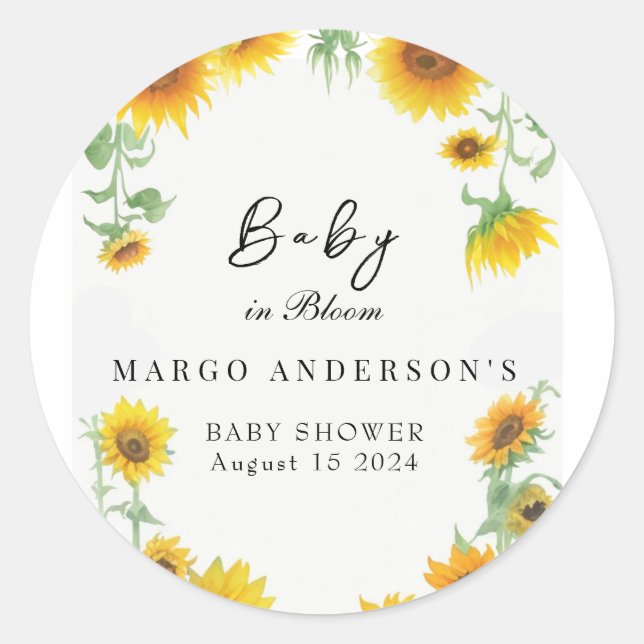 Pegatina Redonda Baby Shower amarillo elegante girasol sunny (Anverso)