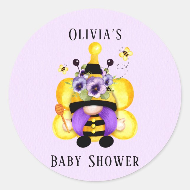 Pegatina Redonda Baby Shower amarillo morado de Bee Gnome (Anverso)