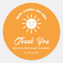 Pegatina Redonda Baby Shower Aquí Viene El Naranja Sol Hijo Blanco