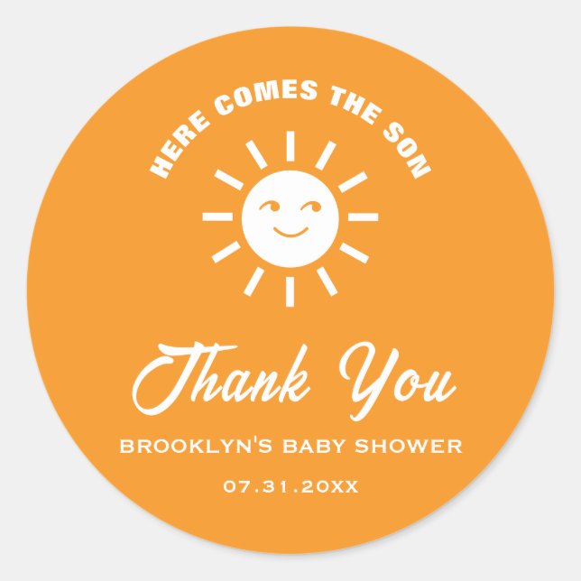 Pegatina Redonda Baby Shower Aquí Viene El Naranja Sol Hijo Blanco (Anverso)