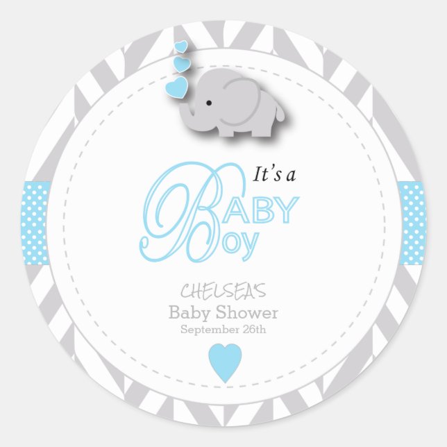 Pegatina Redonda Baby Shower azul, blanco gris elefante (Anverso)