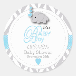 Pegatina Redonda Baby Shower azul, blanco y gris