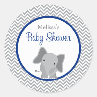 Pegatina Redonda Baby Shower azul de la Marina Cute Elephant Chevro
