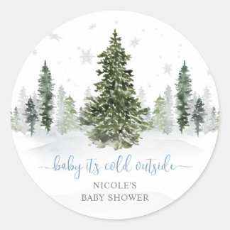 Pegatina Redonda Baby Shower azul del bosque de invierno acuarela