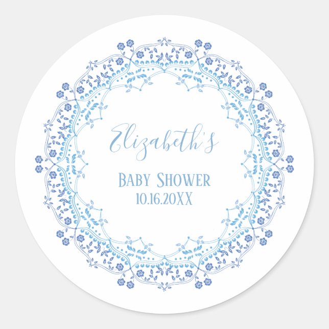 Pegatina Redonda Baby Shower Azul Moderno Floral Follaje Agradecimi (Anverso)