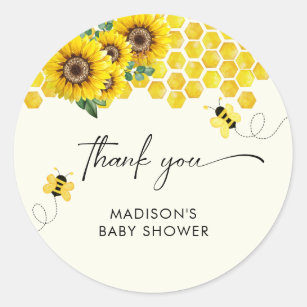 Pegatina Redonda Baby Shower Bee & Sunflower