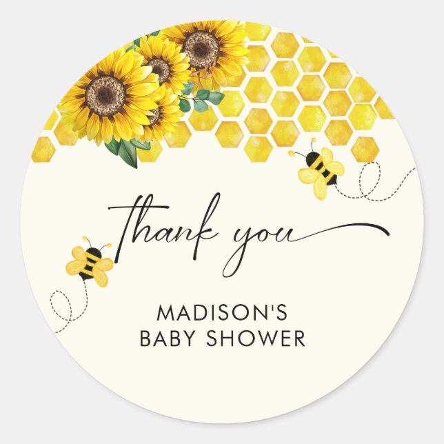 Pegatina Redonda Baby Shower Bee & Sunflower (Anverso)