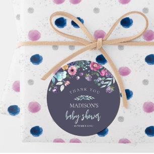 Pegatina Redonda Baby Shower Berry Sweet Blueberry & Flowers