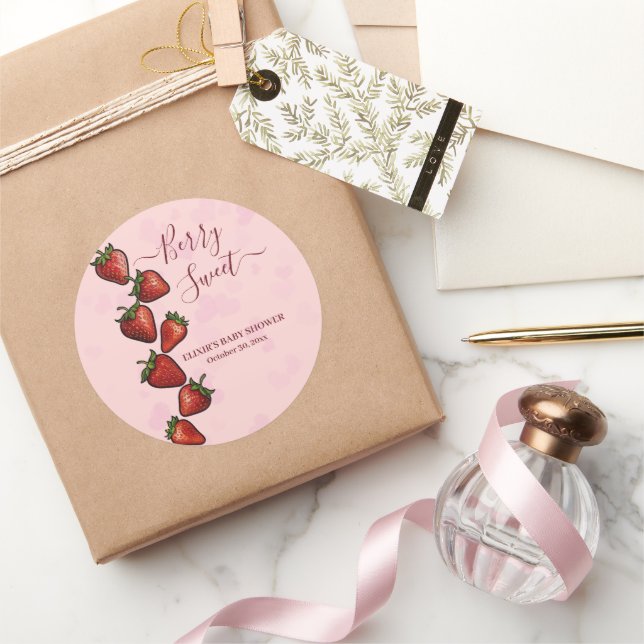 Pegatina Redonda Baby Shower Berry Sweet Strawberry Hearts (Regalar)