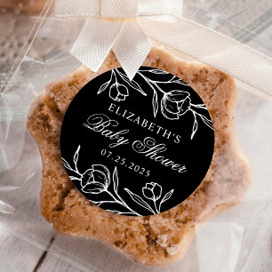 Pegatina Redonda Baby Shower blanco y negro floral esbozado