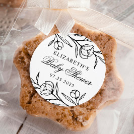 Pegatina Redonda Baby Shower blanco y negro floral esbozado