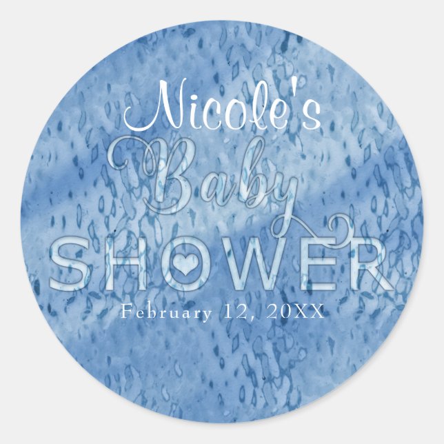 Pegatina Redonda Baby Shower Blue Abstract Rain Drops Favor (Anverso)