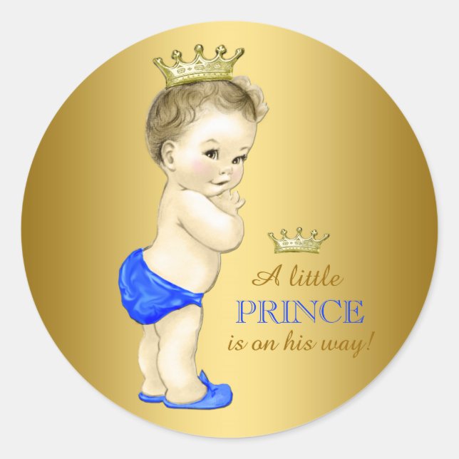 Pegatina Redonda Baby Shower Blue and Gold Prince (Anverso)