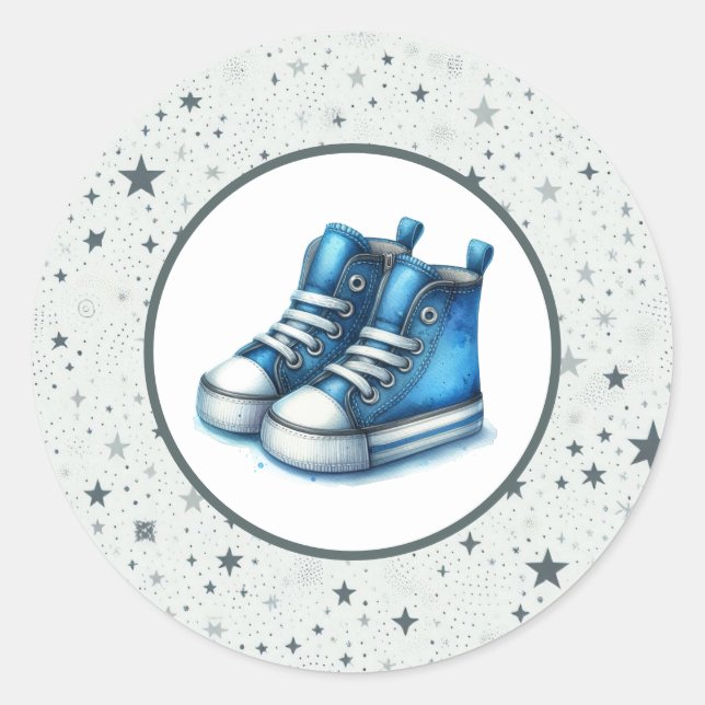 Pegatina Redonda Baby Shower Blue Baby High Tops (Anverso)