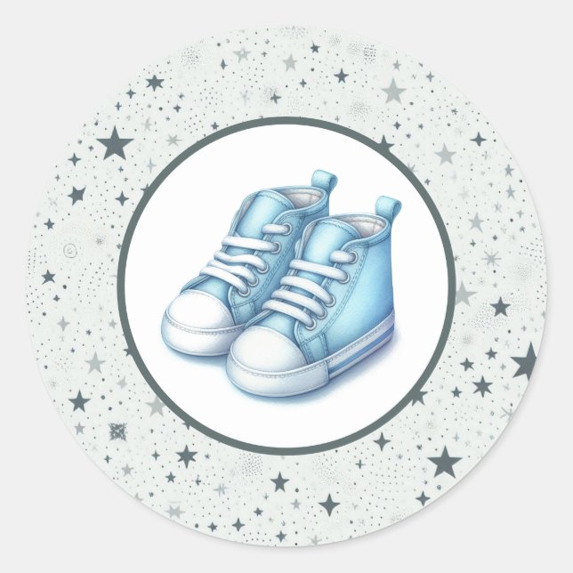 Pegatina Redonda Baby Shower Blue Baby High Tops (Anverso)