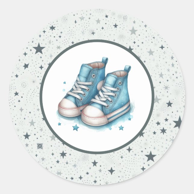 Pegatina Redonda Baby Shower Blue Baby High Tops (Anverso)