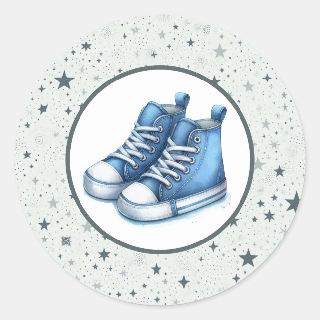 Pegatina Redonda Baby Shower Blue Baby High Tops (Anverso)