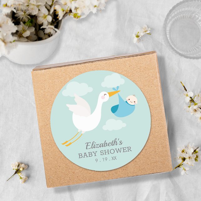 Pegatina Redonda Baby Shower Blue Bundle Stork Boy (Blue bundle stork boy baby shower round favor stickers)