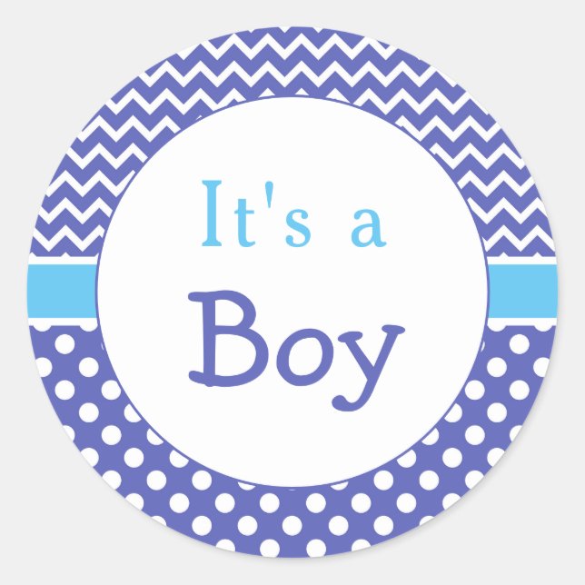 Pegatina Redonda Baby Shower Blue Chevron & Polkas Dot (Anverso)