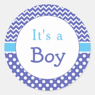 Pegatina Redonda Baby Shower Blue Chevron & Polkas Dot