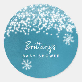 Pegatina Redonda Baby Shower Blue de copo de nieve de invierno