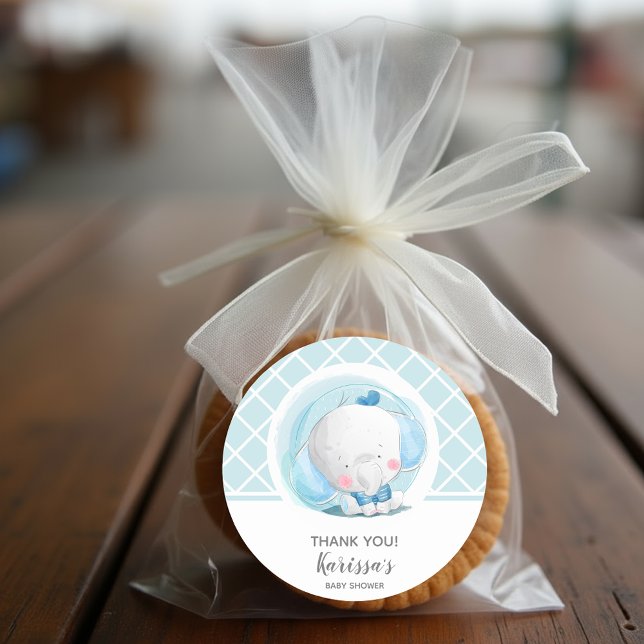 Pegatina Redonda Baby Shower Blue Elephant Boy (Blue Elephant Boy Baby Shower Stickers)