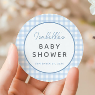 Pegatina Redonda Baby Shower Blue Gingham Boy